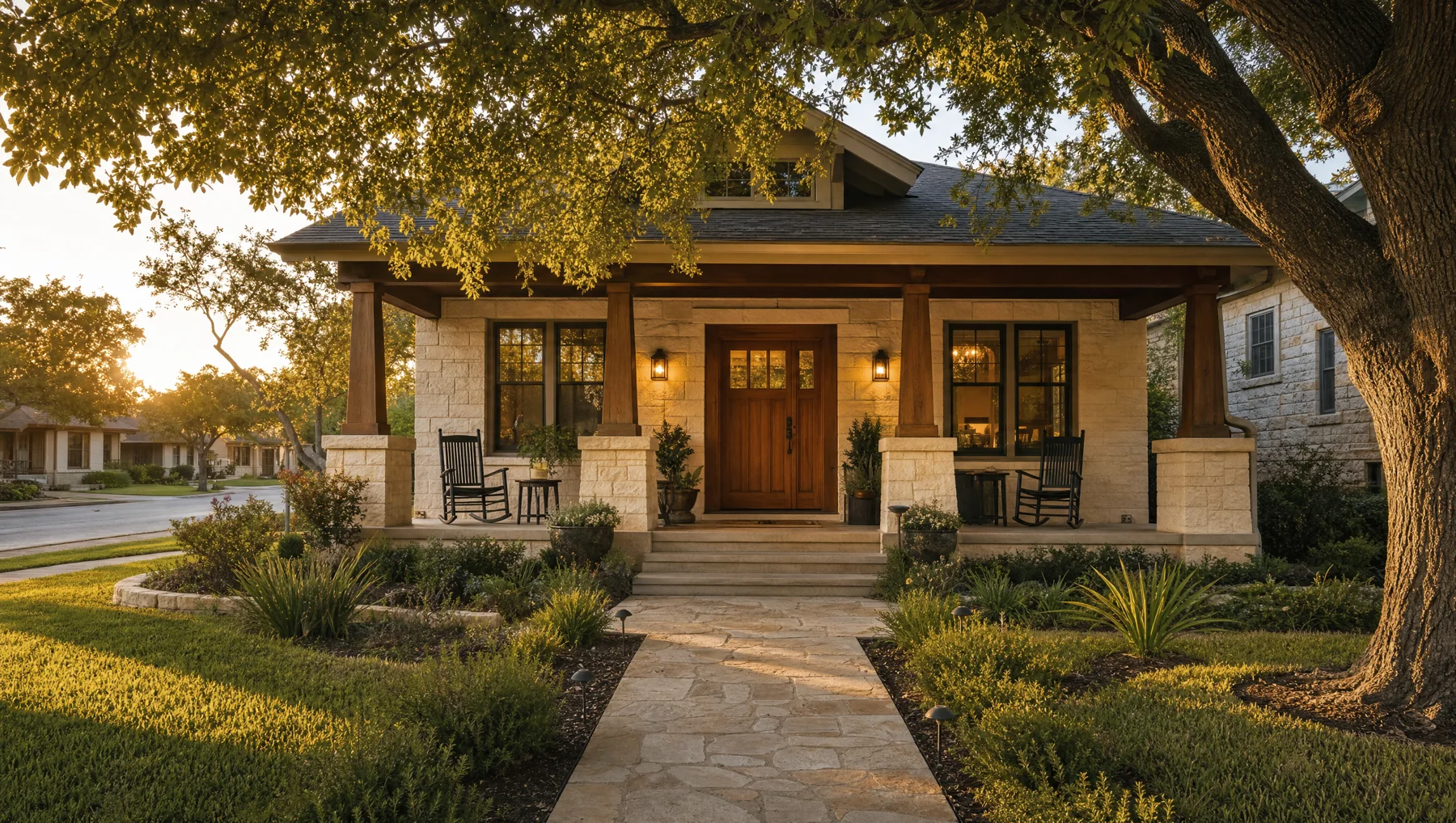 A well-kept Central Texas front porch at golden hour