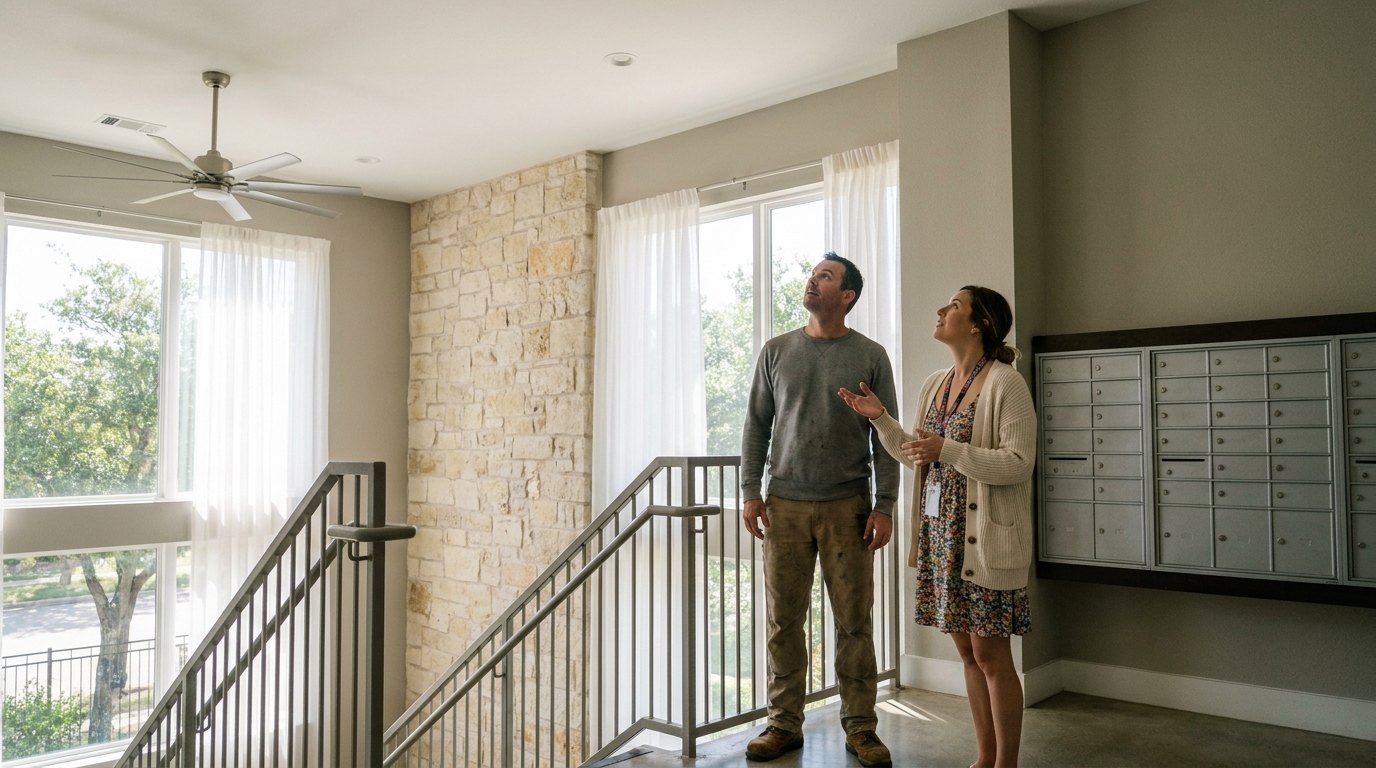 Condo community manager and maintenance technician checking a building lobby near the stairwell and mailboxes