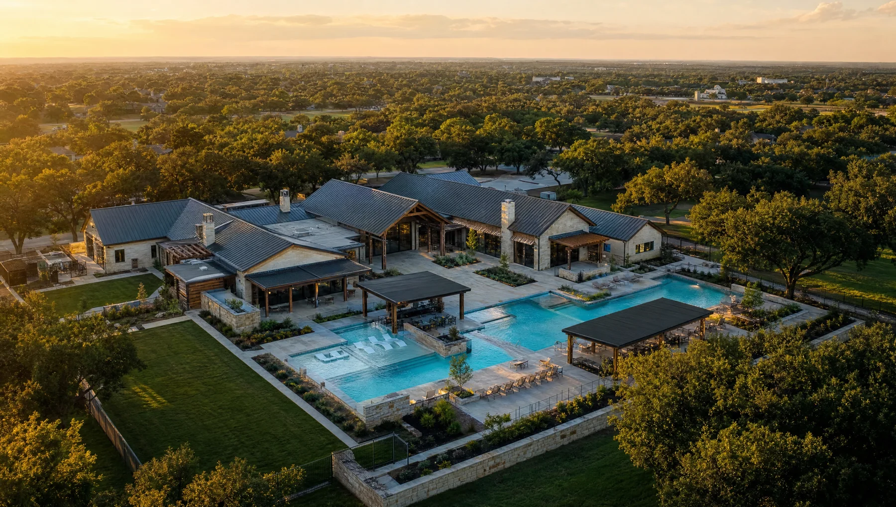 Amenity center at a Central Texas community at golden hour
