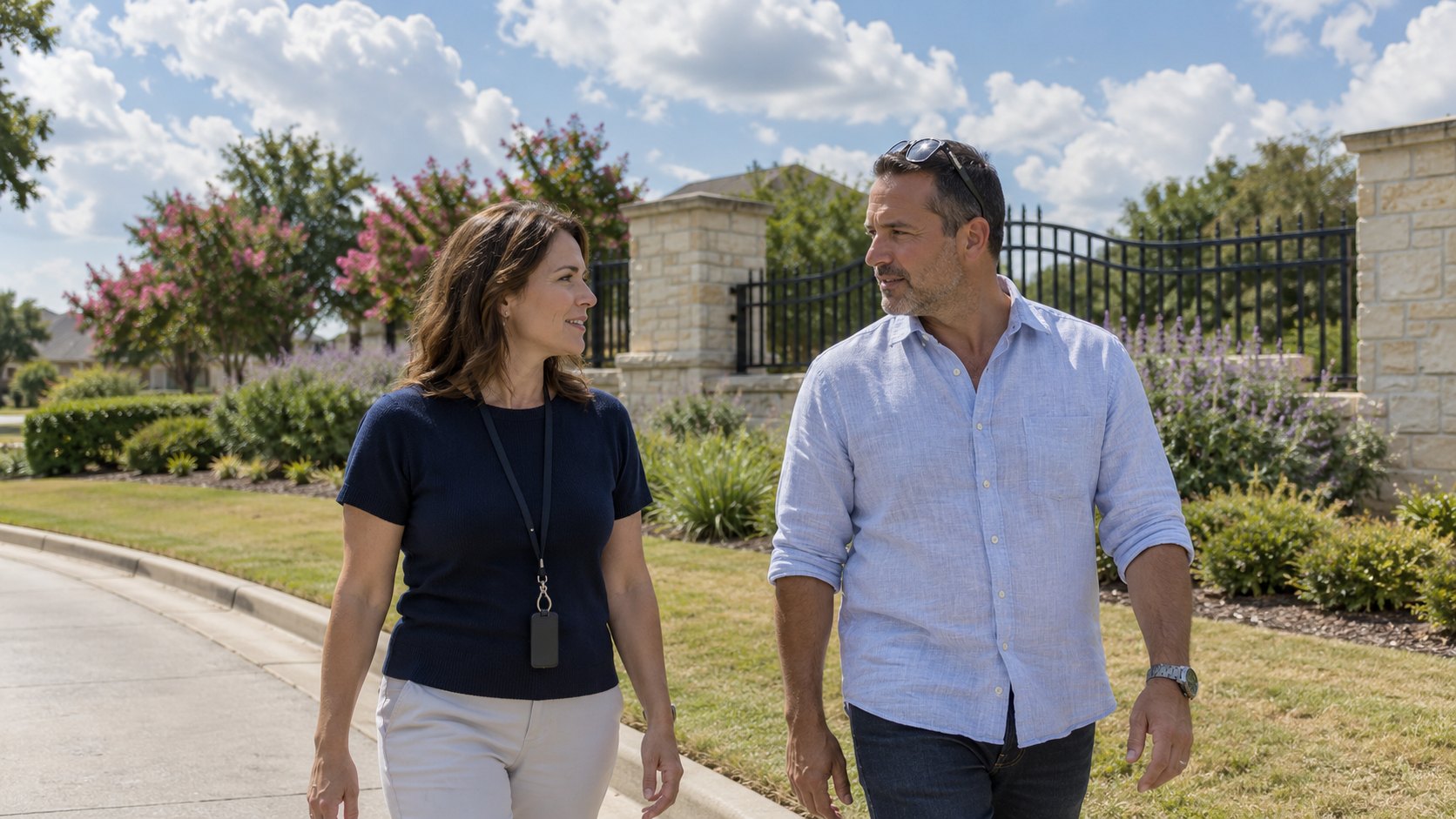 Community manager and HOA board member walking past a limestone-pillared neighborhood entrance