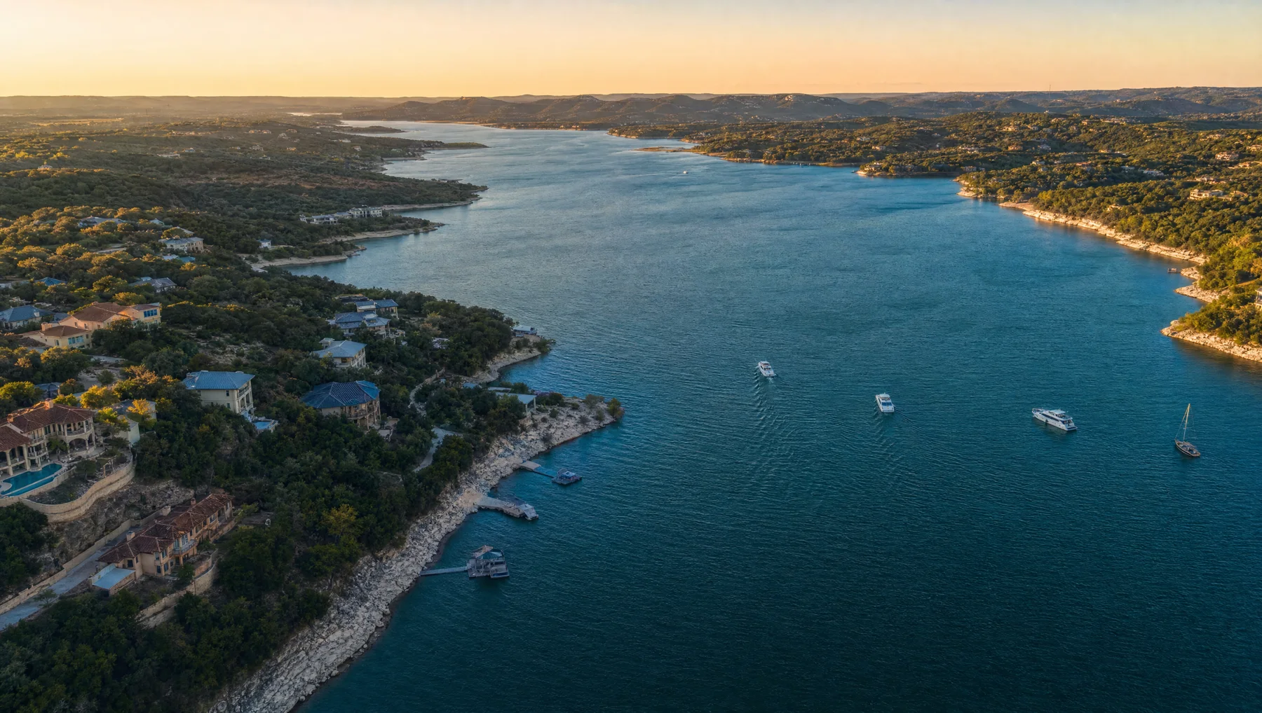 Central Texas community amenity on the water at golden hour
