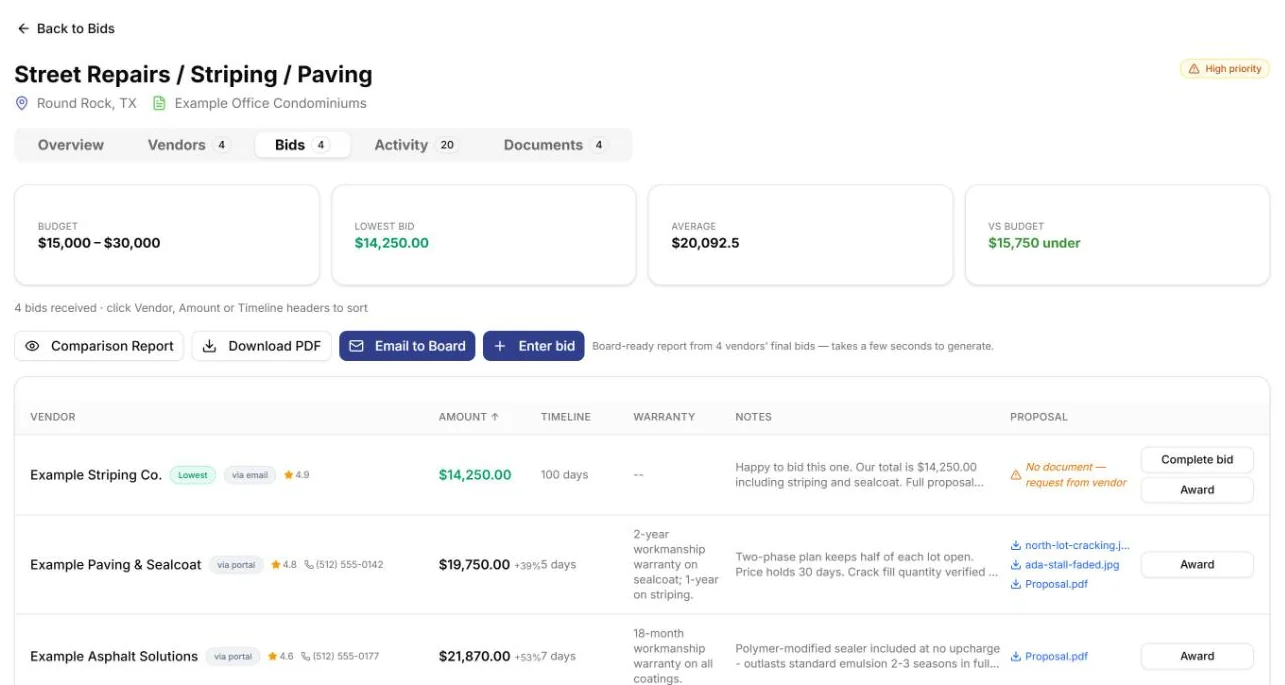 Side-by-side bid comparison table with amount, timeline, warranty and proposal for each vendor