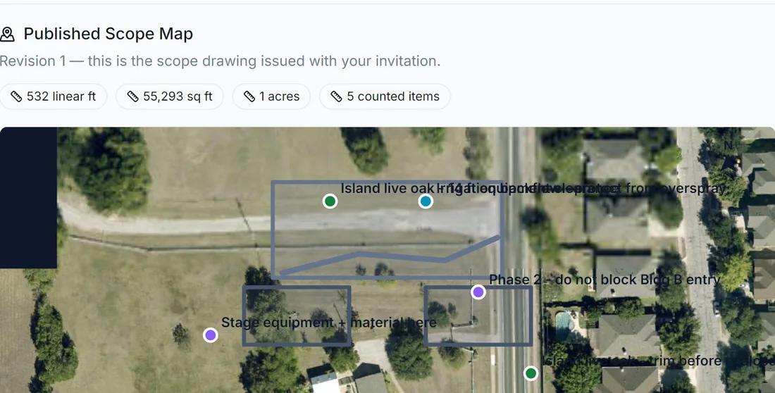 Published scope map with measured linear feet, square footage and marked work areas