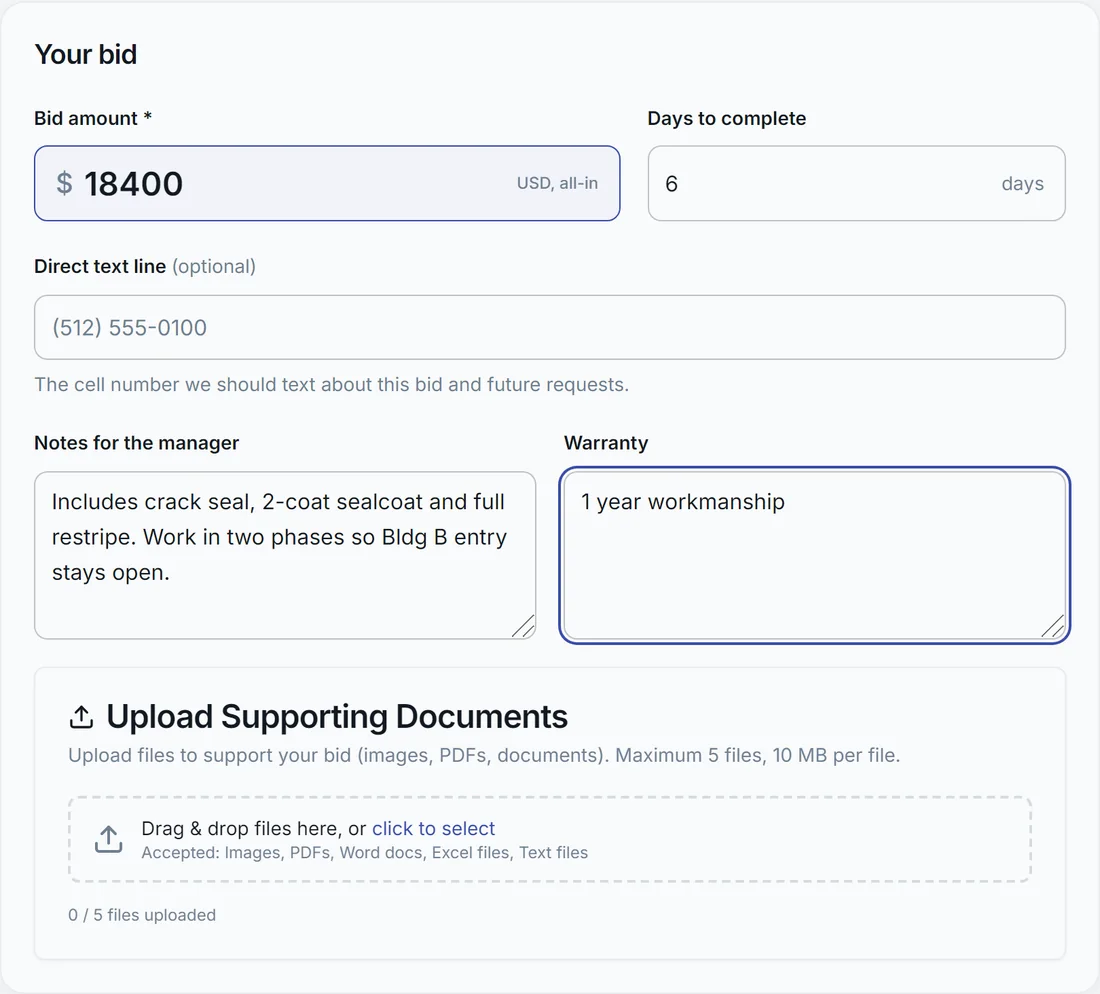 Vendor bid form with bid amount, days to complete, notes and file uploads