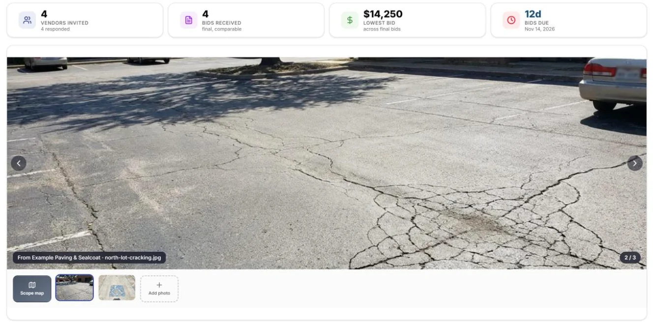 Bid project page with site photos, bids invited, bids received and lowest bid